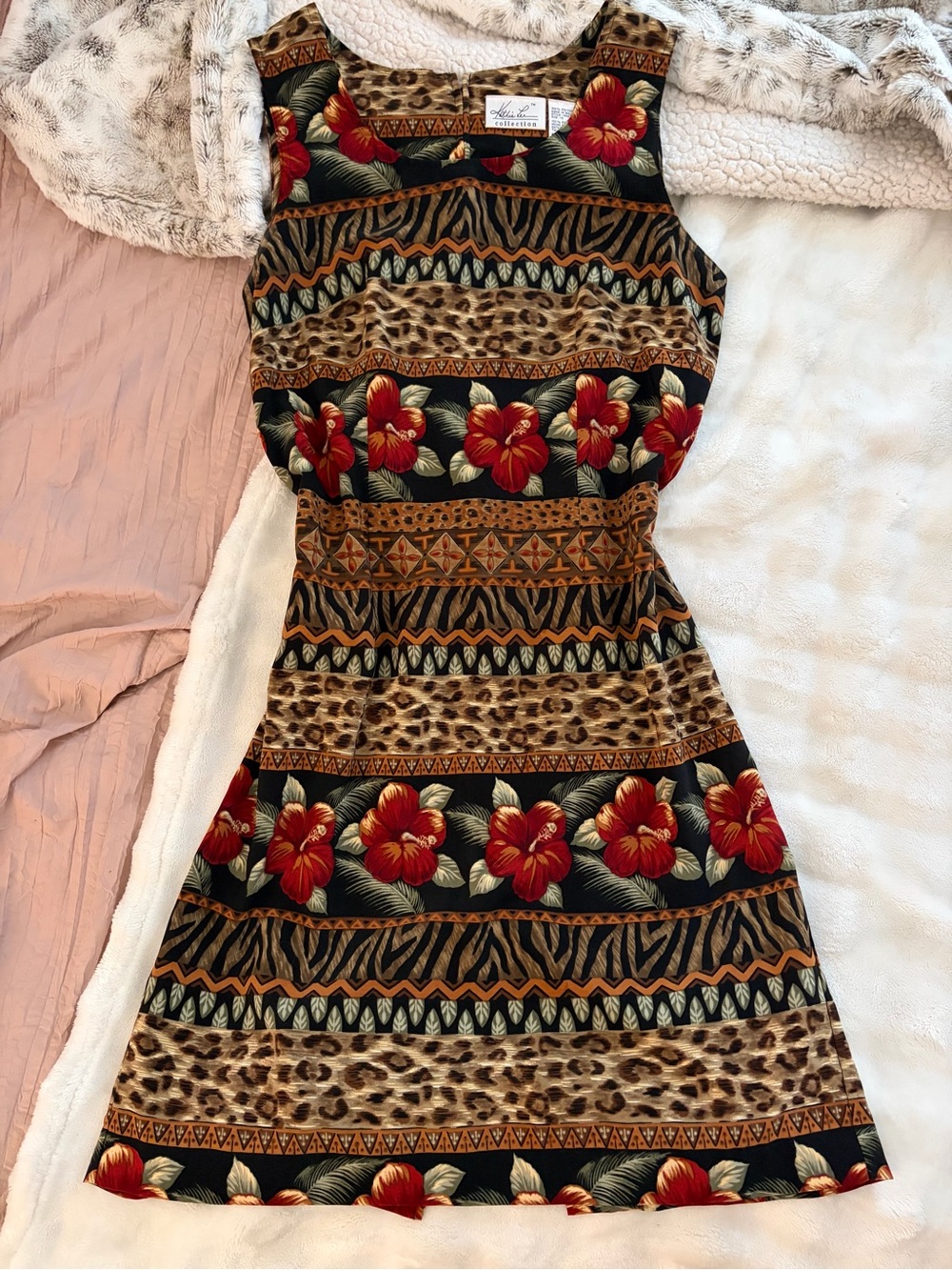 Vintage 90s Tropical Leopard Hibiscus Dress (Size 10)